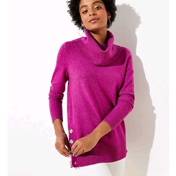Loft Size M Sweater Merino Wool Blend Cowl Neck Side Buttons Tunic Fuchsia - Picture 1 of 10